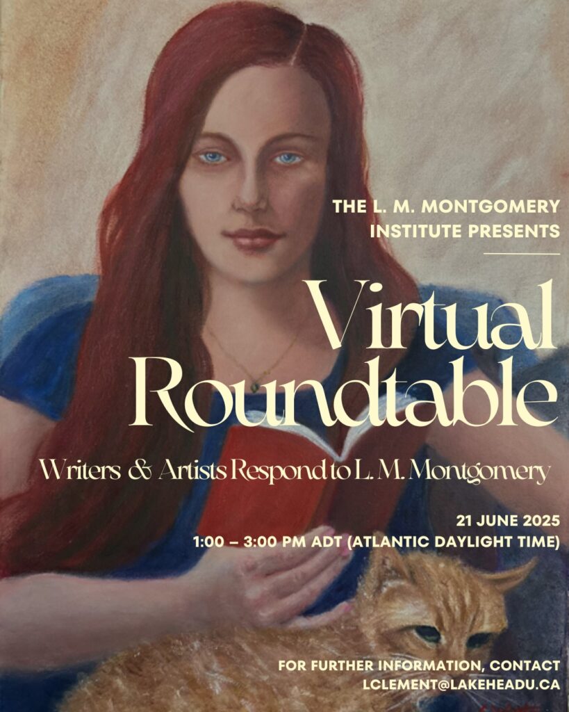illustration of a red-haired woman reading with the text of the roundtable invite over it