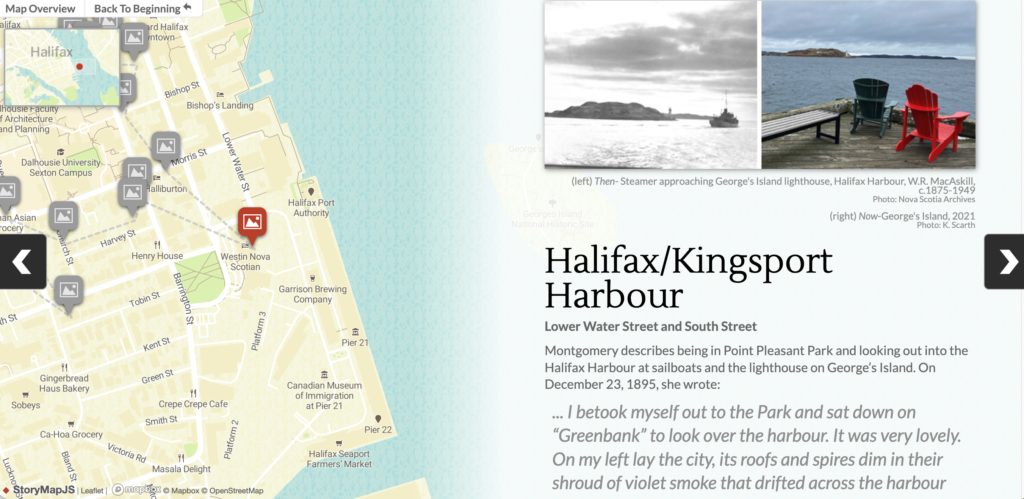 a map with marked pins on one side and narrative text on the other