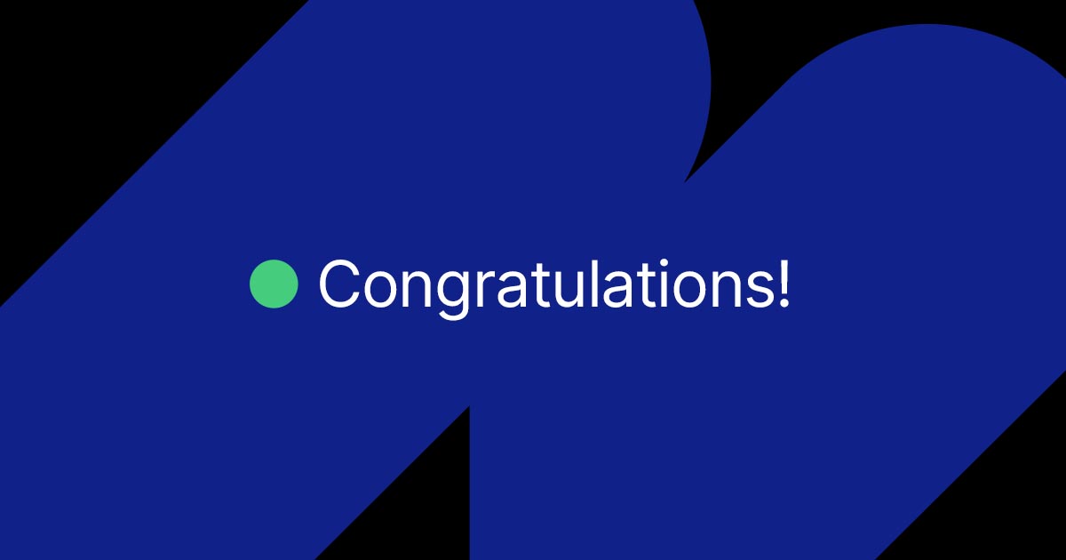blue and black square that says congratulations