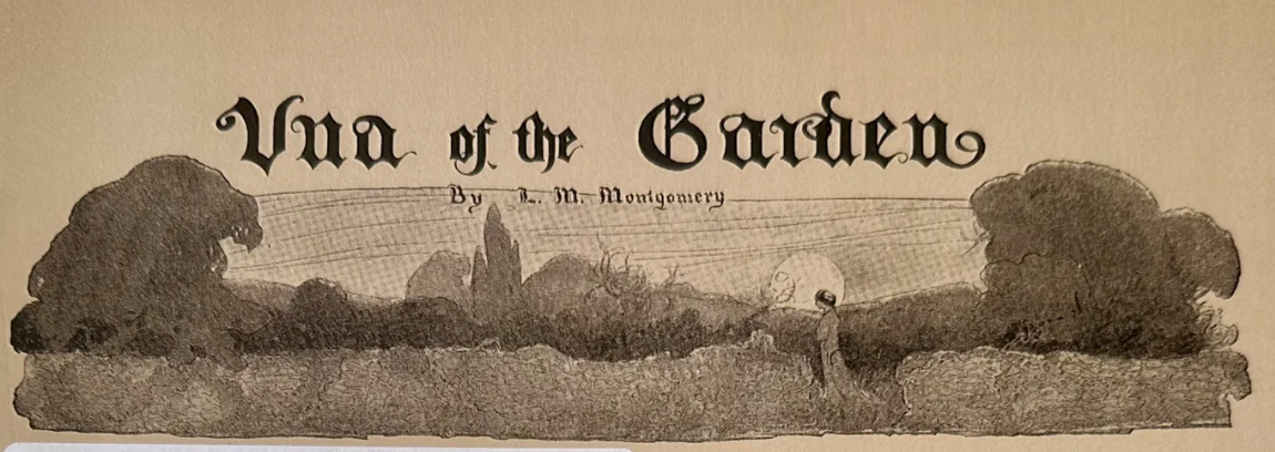 Sepia illustration of a landscape with the title "una of the garden" over the top